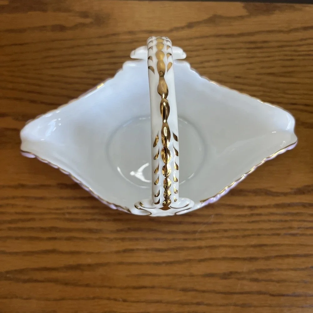 Vintage Cracker Barrel Footed Porcelain Basket Violets 10K Gold Trim Cottagecore